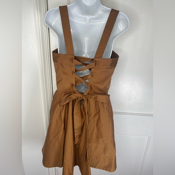 Alice + Olivia Sage Stretch Lace-Up Cotton Blend Sateen Brown Mini Dress - Picture 6 of 9